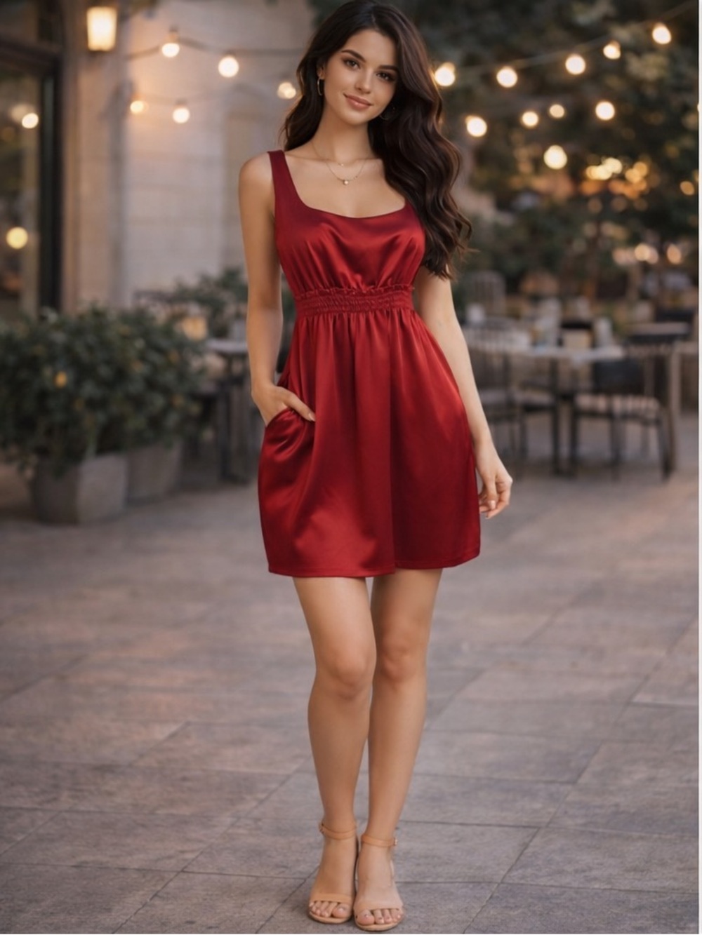 BCBG Generation Y2K Red Satin Mini Dress Ruched Stretch Waist Slip Romantic Sz M